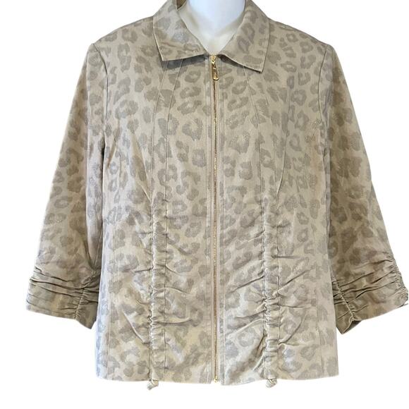 Chico's Size 1 Tan Linen/Cotton Blend Leopard Print Zip Jacket Flecks of Sparkle - Picture 1 of 8